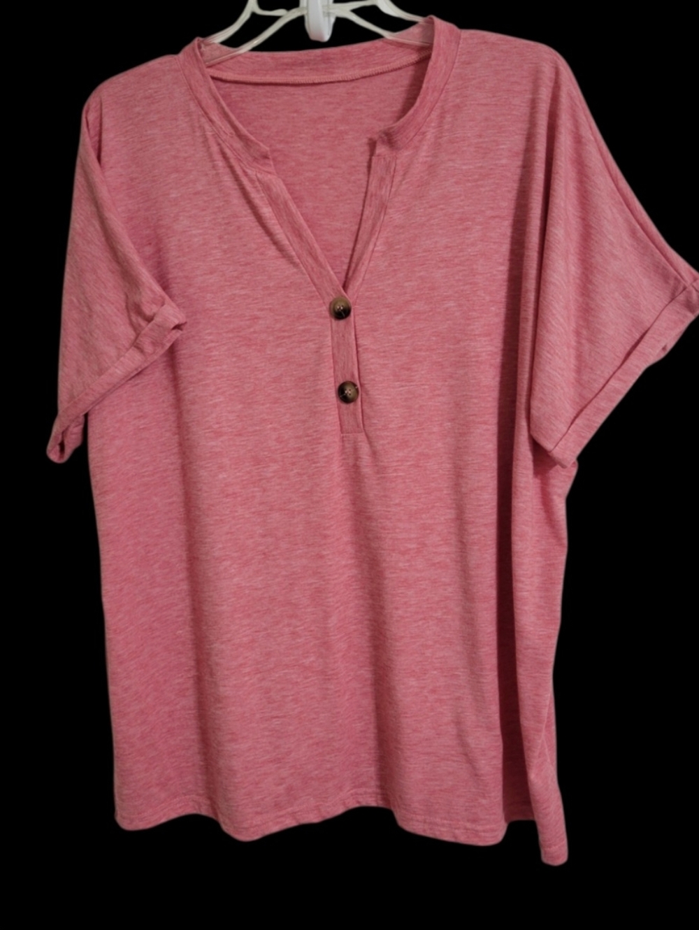 Casual Pink Henley Top with Button Detail and Cuffed Sleeves